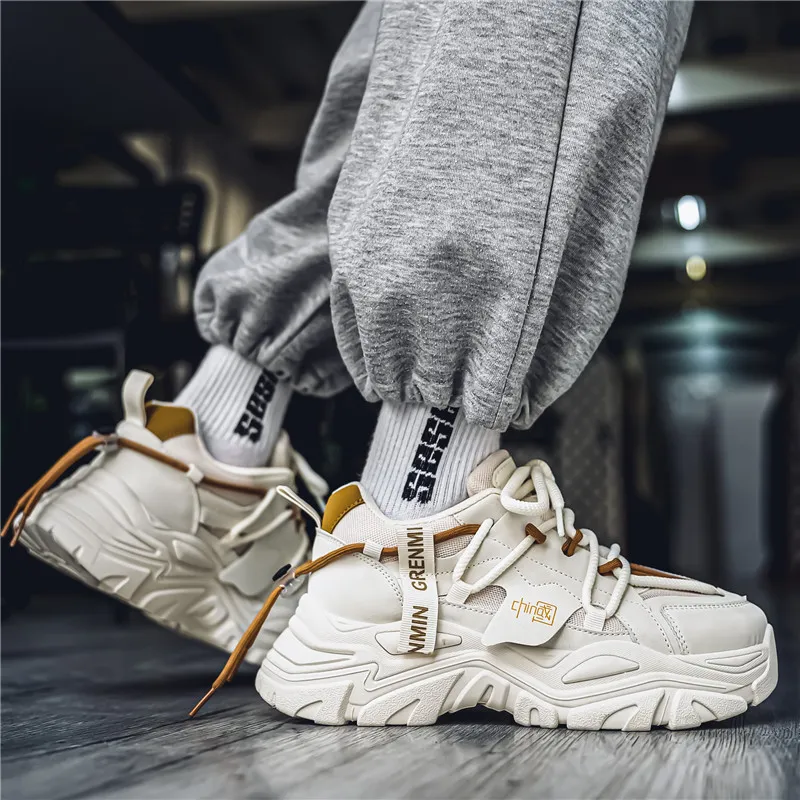 Wooden Rabbit Cushioned Slip-Resistant Waterproof And Breathable Height Increasing Low-Top Chunky Sneakers Men's-9