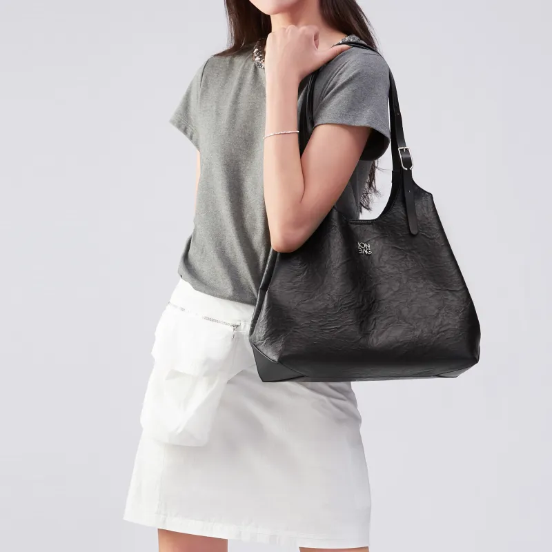 JONBAG Synthetic Leather Tote Bag Shoulder Bag Large Size Women's Pure Black-5