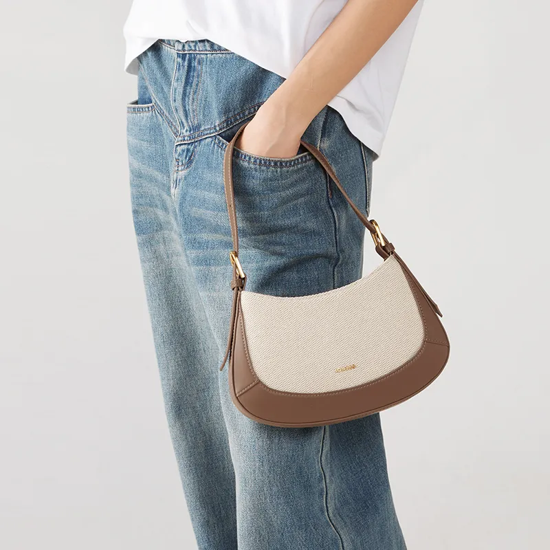 JONBAG Fabric Crescent Bag Shoulder Bag Crossbody Bag Portable Shoulder Bag Small Size Women's White & Nut Brown-5