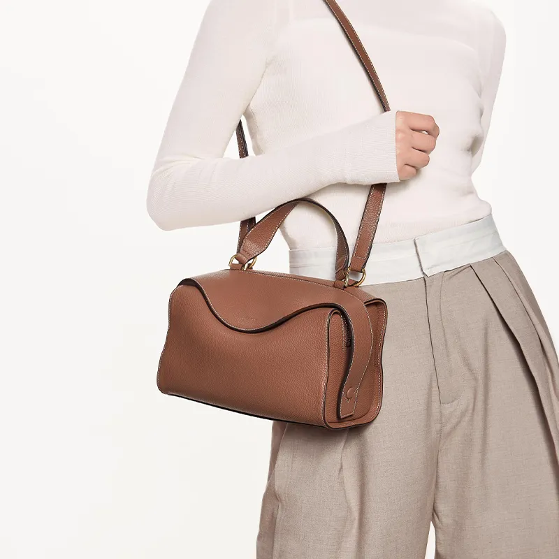JONBAG Cow Leather Pandora Bag Boston Bag One Shoulder Handbags Medium Size Women's Black White Honey Brown-5