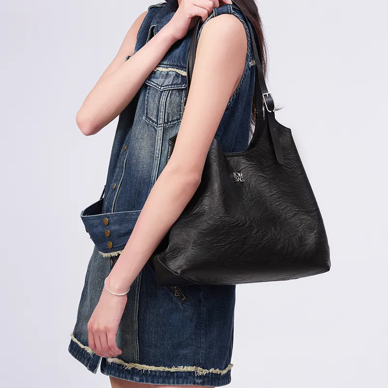 JONBAG Synthetic Leather Tote Bag Shoulder Bag Large Size Women's Pure Black-3