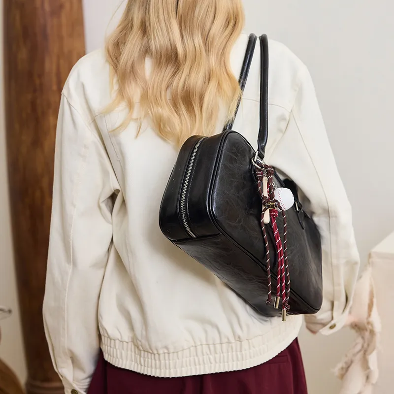 JONBAG Top Grain Cow Leather Vintage Shoulder Bag Versatile Premium Feel Large Size Women's Black Oil Wax-6