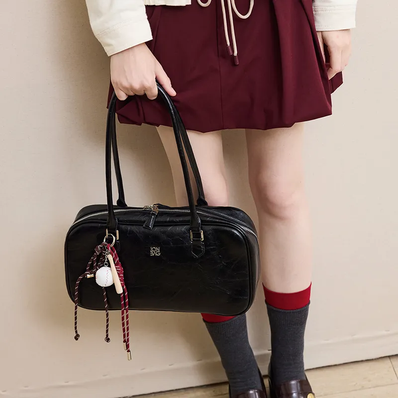 JONBAG Top Grain Cow Leather Vintage Shoulder Bag Versatile Premium Feel Large Size Women's Black Oil Wax-5