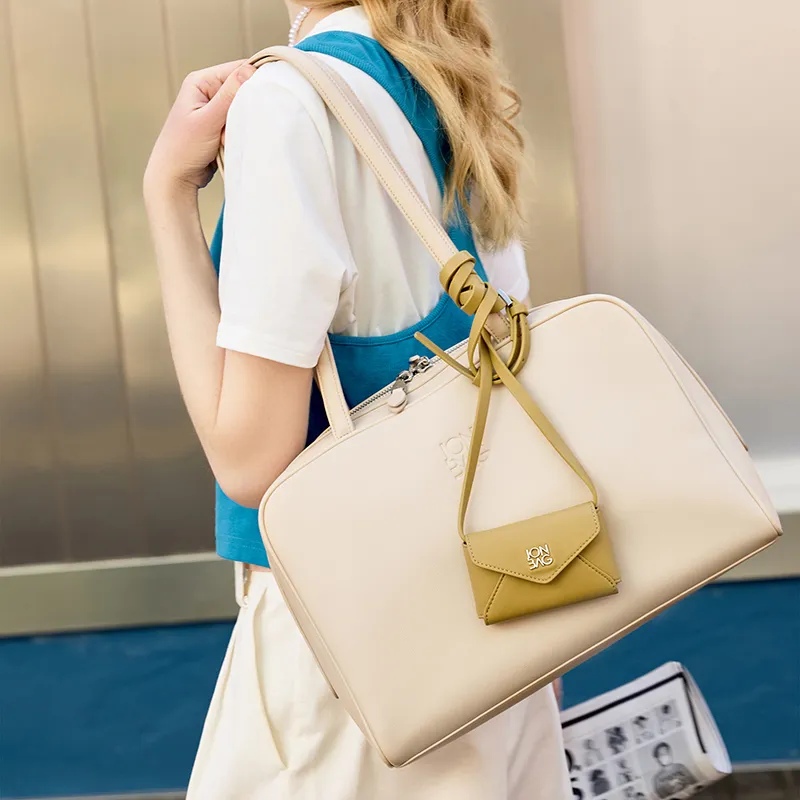 JONBAG Synthetic Leather Spring Charm Preppy Style Commute Shoulder Bag Large Size Women's Cream White/coffee Brown-3