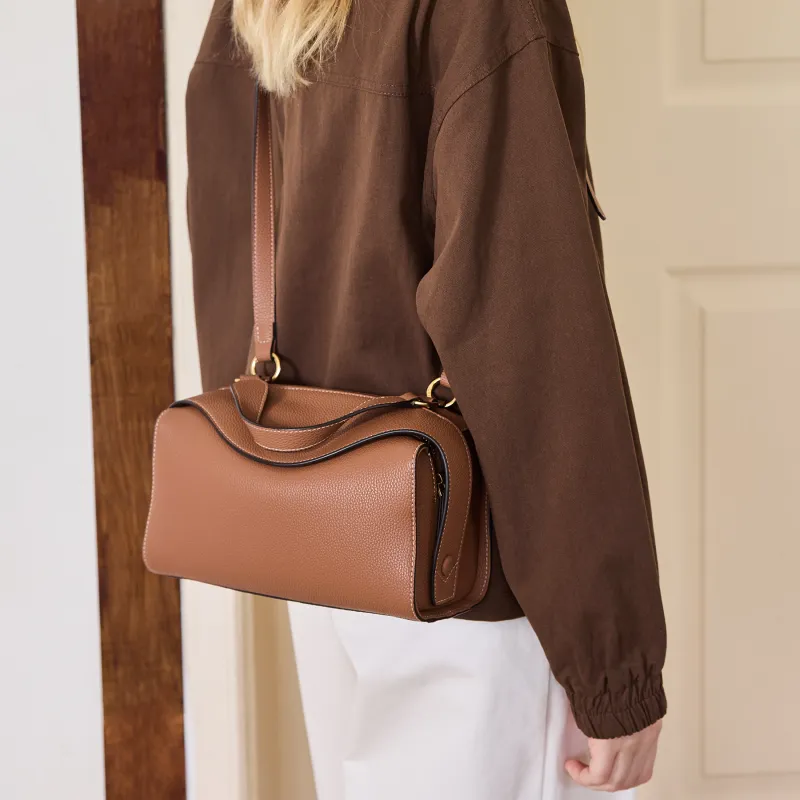 JONBAG Cow Leather Pandora Bag Boston Bag One Shoulder Handbags Medium Size Women's Black White Honey Brown-2