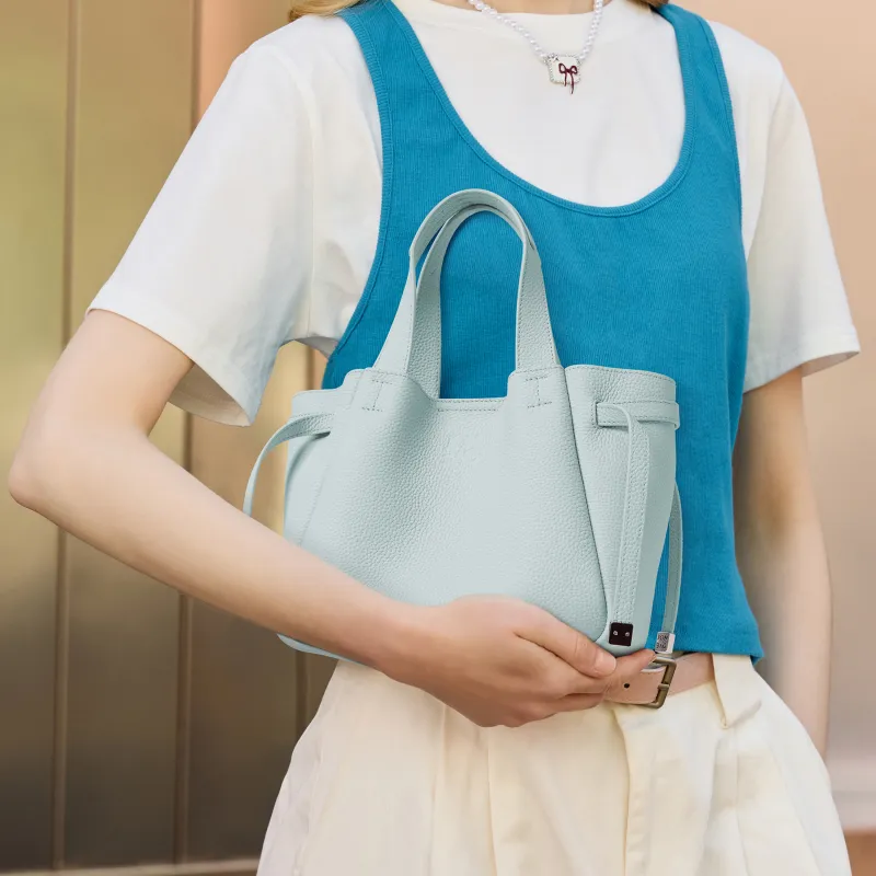 JONBAG Cow Leather Basket Bag, Shoulder Crossbody Handbag Women's Heather Blue/White-2