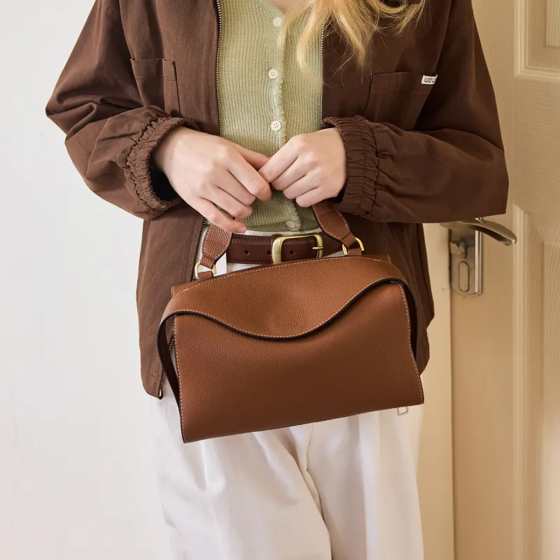 JONBAG Cow Leather Pandora Bag Boston Bag One Shoulder Handbags Medium Size Women's Black White Honey Brown-3
