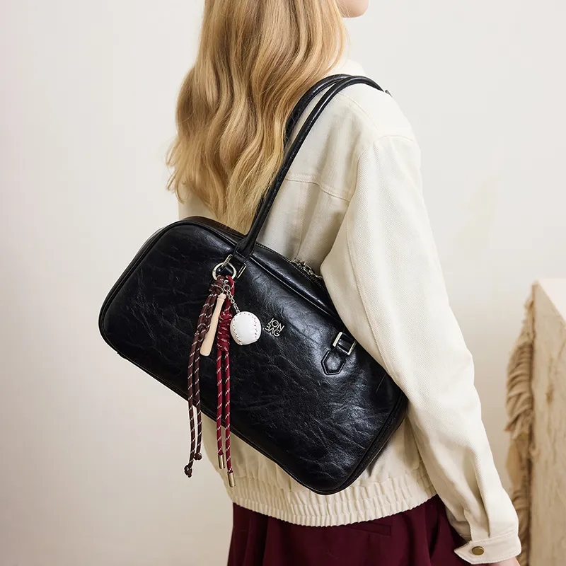 JONBAG Top Grain Cow Leather Vintage Shoulder Bag Versatile Premium Feel Large Size Women's Black Oil Wax-3