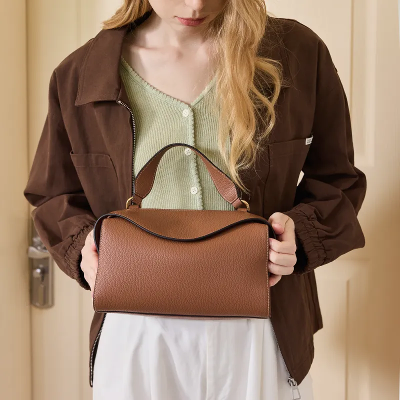 JONBAG Cow Leather Pandora Bag Boston Bag One Shoulder Handbags Medium Size Women's Black White Honey Brown-4