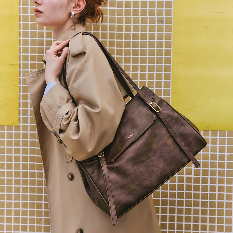 JONBAG PU Tote Versatile Commute Shoulder Bag Large Size Women's Polished Brown-2