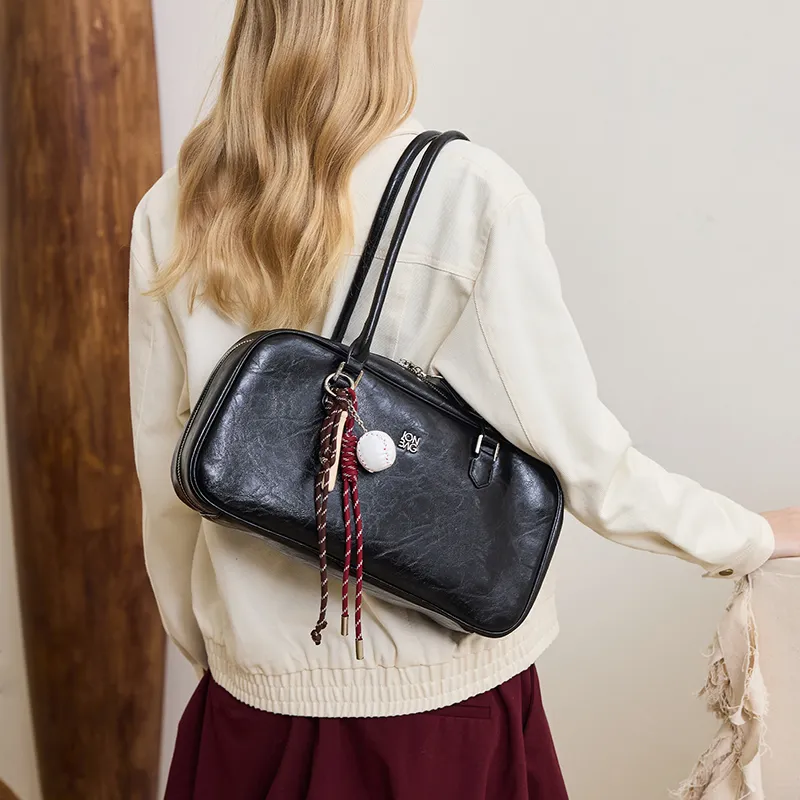 JONBAG Top Grain Cow Leather Vintage Shoulder Bag Versatile Premium Feel Large Size Women's Black Oil Wax-4