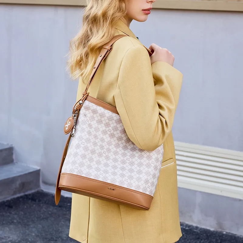 JONBAG PVC Fashion Vintage Versatile Commute Shoulder Bag Medium Size Women's White With Grey Pink/White With Nut Brown-3
