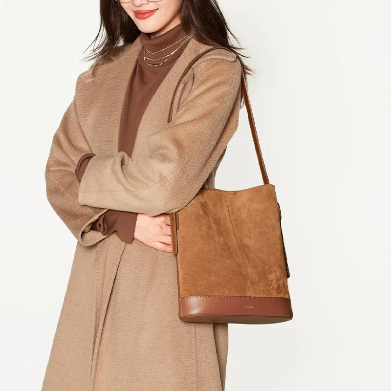 JONBAG Cow Leather Suede Bucket Bag For Mother's Day Shoulder Bag Medium Size Women's Honey Brown/Tea Umber-3
