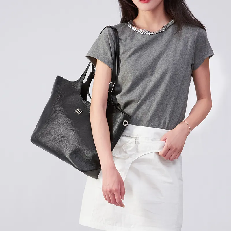 JONBAG Synthetic Leather Tote Bag Shoulder Bag Large Size Women's Pure Black-4