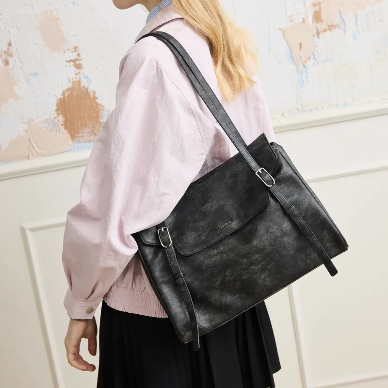 JONBAG PU Tote Versatile Commute Shoulder Bag Large Size Women's Polished Brown-8