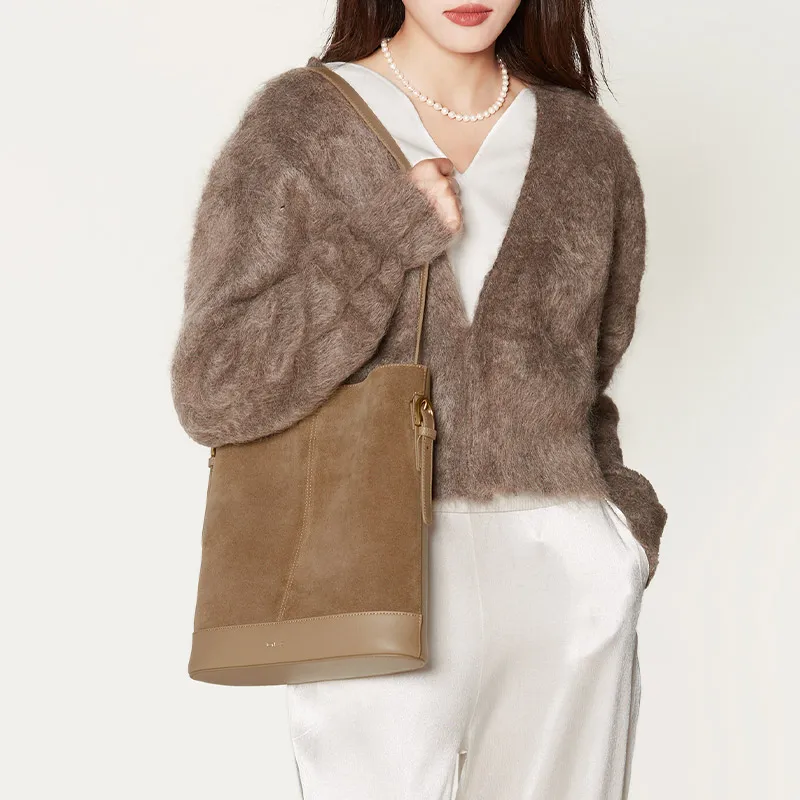 JONBAG Cow Leather Suede Bucket Bag For Mother's Day Shoulder Bag Medium Size Women's Honey Brown/Tea Umber-4