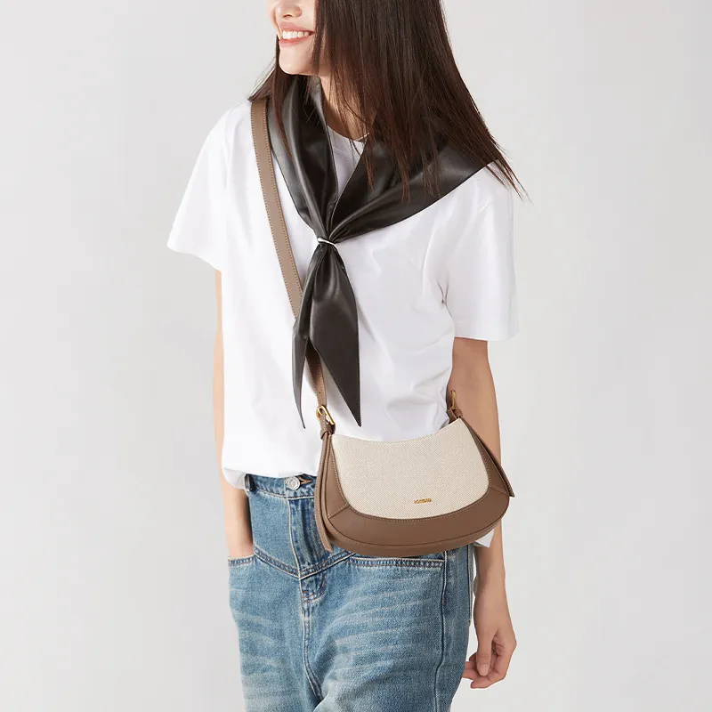 JONBAG Fabric Crescent Bag Shoulder Bag Crossbody Bag Portable Shoulder Bag Small Size Women's White & Nut Brown-4