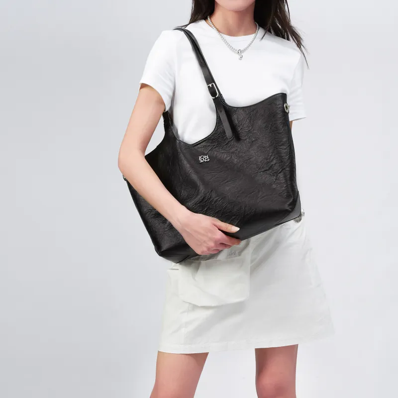 JONBAG Synthetic Leather Tote Bag Shoulder Bag Large Size Women's Pure Black-6