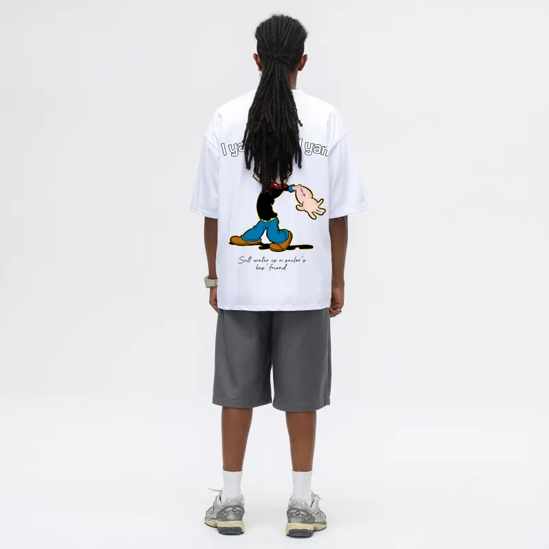 POPEYE Summer Off The Shoulder Loose Fit Casual Crew Neck Short Sleeved T Shirts Unisex-4