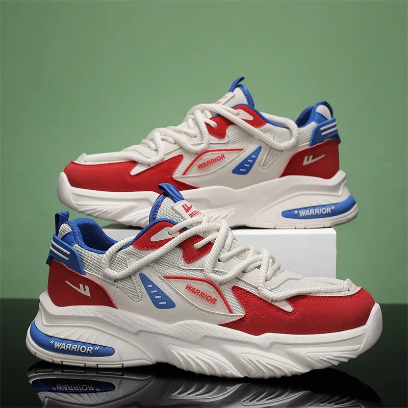 Warrior Durable Breathable Lightweight Low-Top Chunky Sneakers Men's Beige Red Blue-6