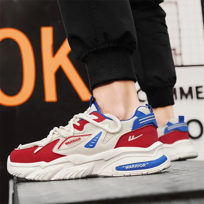 Warrior Durable Breathable Lightweight Low-Top Chunky Sneakers Men's Beige Red Blue-5