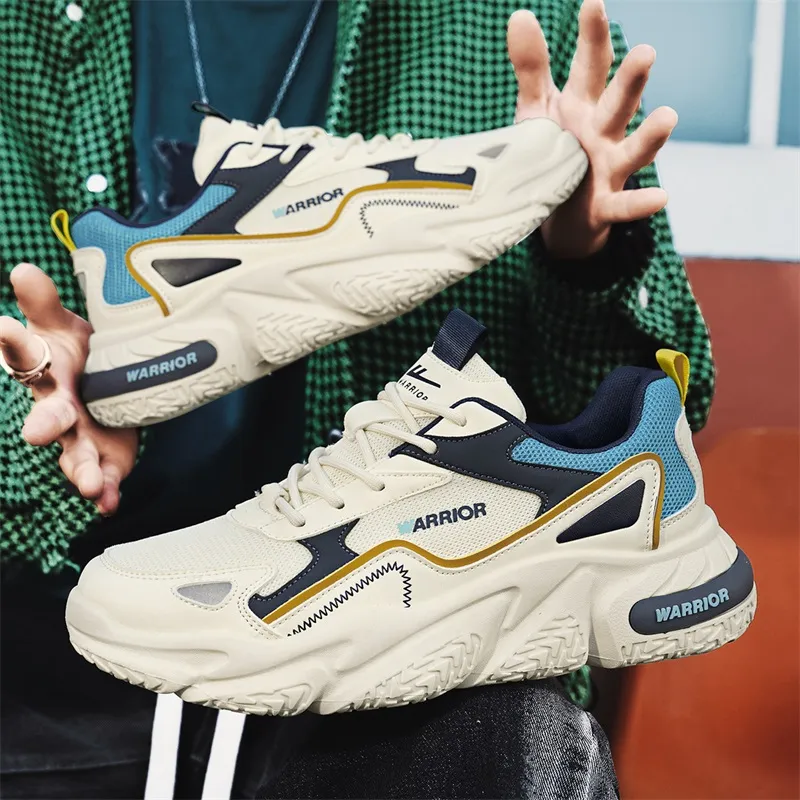 WARRIOR Chunky Sneakers Men Low Top White Gray/Beige Dark Red/Beige Sky Blue-22