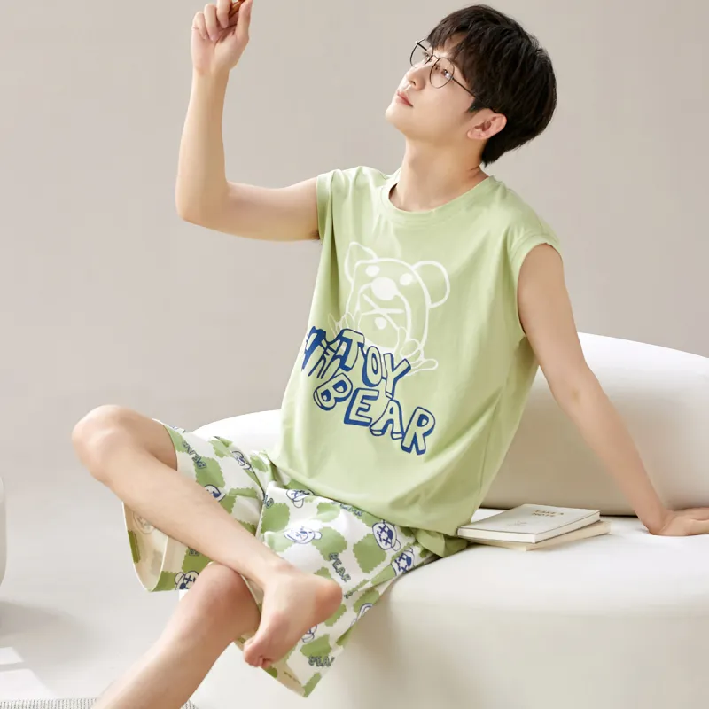 MIIOW Pajama Set Fashion Cartoon Refreshing Design Feel Men's 2 Piece Set Grass Green-7