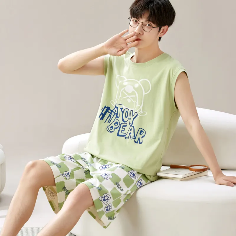 MIIOW Pajama Set Fashion Cartoon Refreshing Design Feel Men's 2 Piece Set Grass Green-5