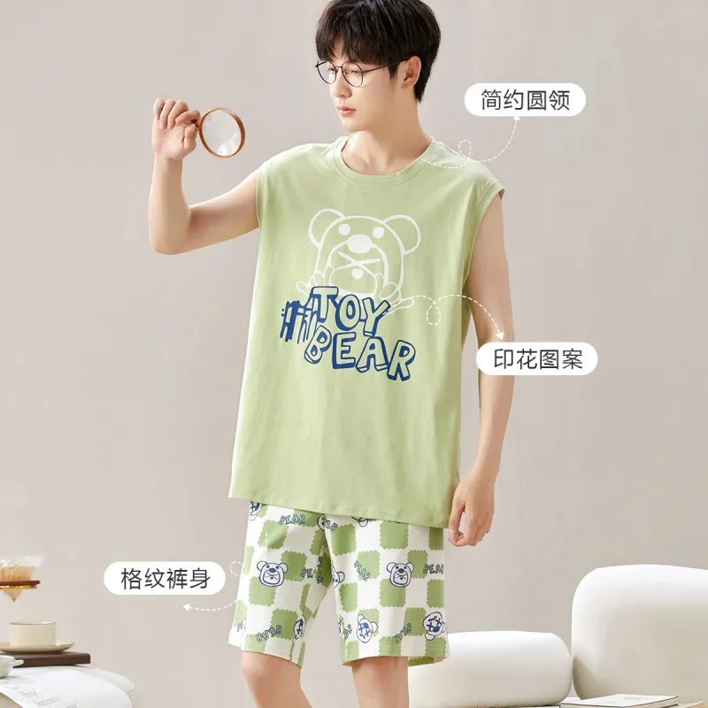 MIIOW Pajama Set Fashion Cartoon Refreshing Design Feel Men's 2 Piece Set Grass Green-3