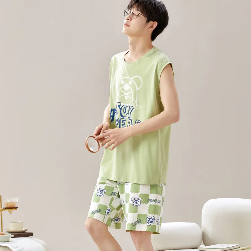 MIIOW Pajama Set Fashion Cartoon Refreshing Design Feel Men's 2 Piece Set Grass Green-6