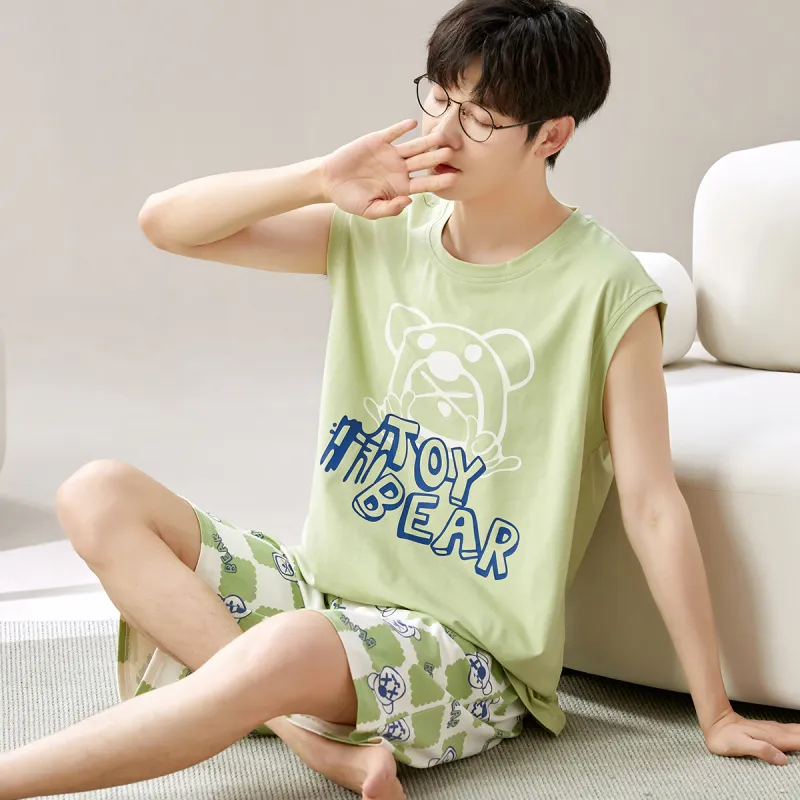 MIIOW Pajama Set Fashion Cartoon Refreshing Design Feel Men's 2 Piece Set Grass Green-4
