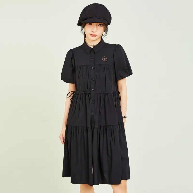 MUGUOGUOMU Summer Short Sleeved Dress Cinched Waist Women's Black-2