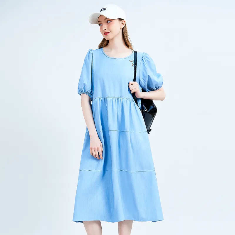 MUGUOGUOMU Summer Short Sleeved Dress Loose Fit Women's Ice Blue-2