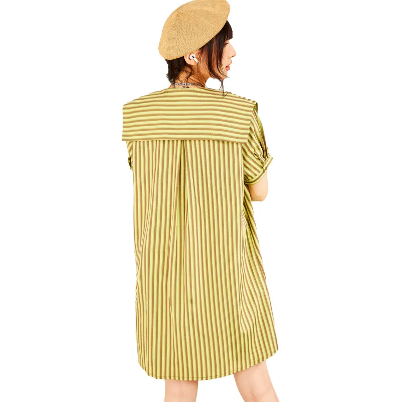 MUGUOGUOMU Short Sleeved Dress Women's Green Coffee Stripes-2