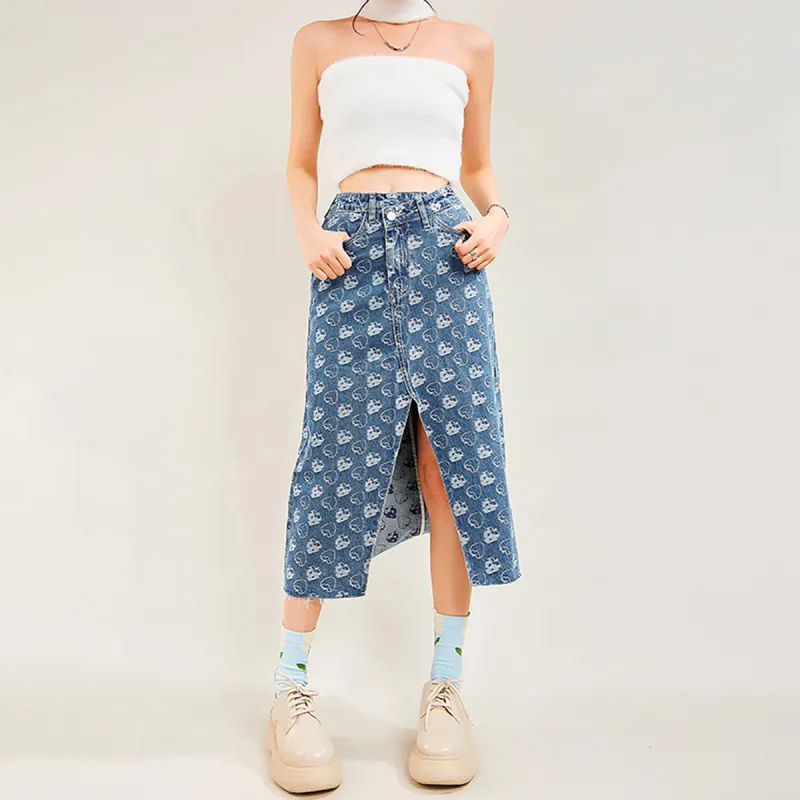 MUGUOGUOMU Denim Long Skirt Women's Blue-1