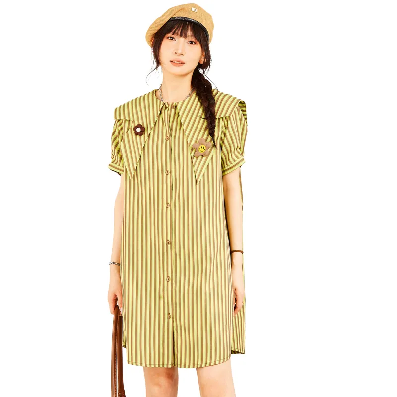 MUGUOGUOMU Short Sleeved Dress Women's Green Coffee Stripes-1