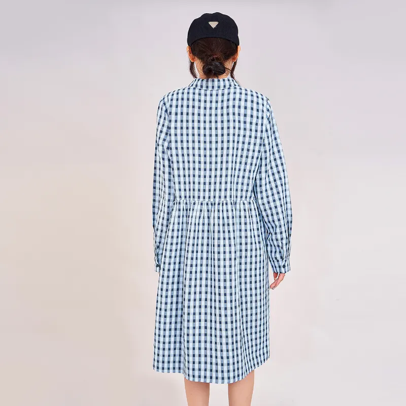 MUGUOGUOMU Long Sleeved Dresses Women's Blue Plaid-1