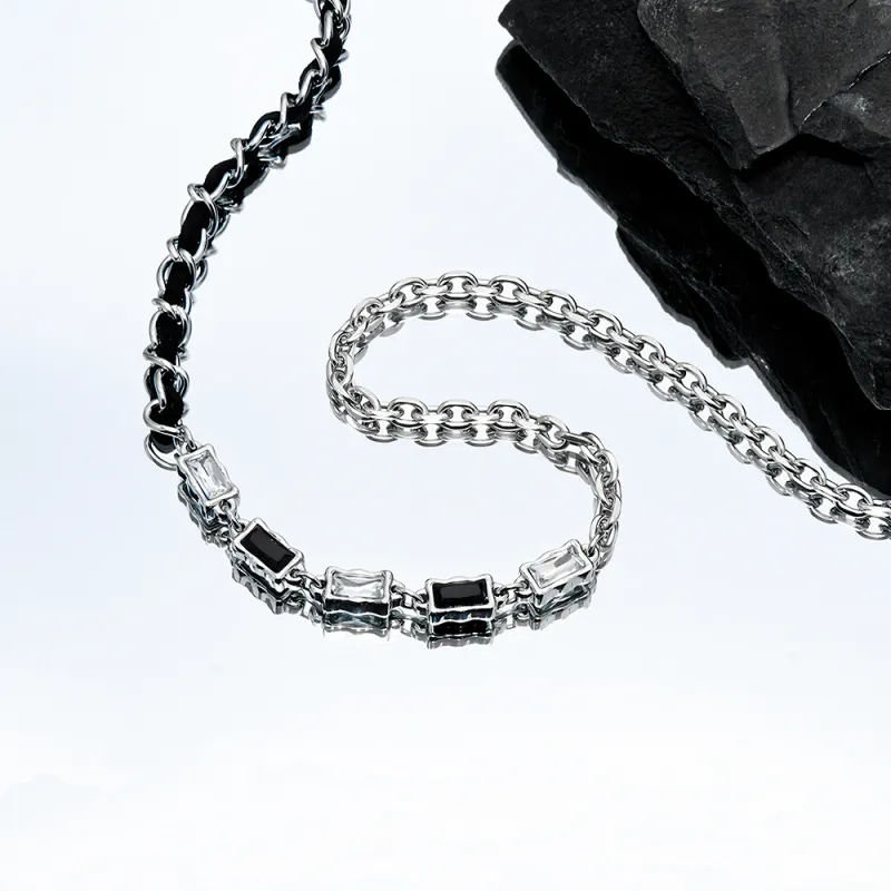 ENFANTIN Titanium Steel Glass Zircon Leather Necklaces Unisex Silver-2
