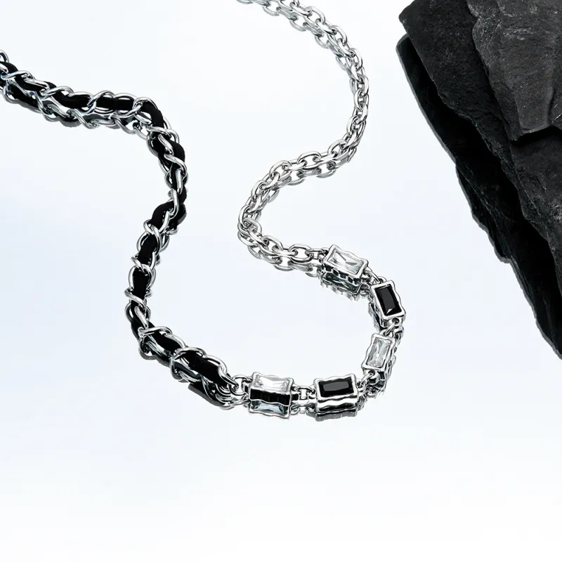 ENFANTIN Titanium Steel Glass Zircon Leather Necklaces Unisex Silver-4