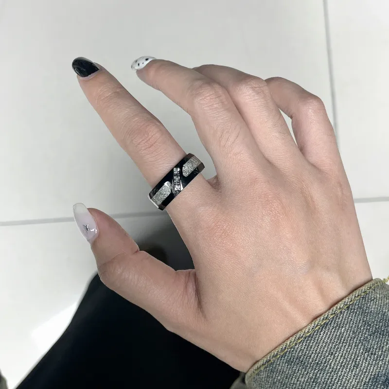 ENFANTIN Zircon Titanium Steel Rings Unisex Silver/Black-5