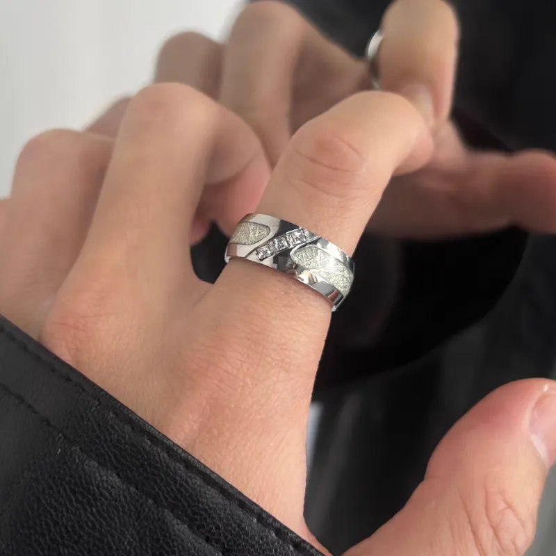 ENFANTIN Zircon Titanium Steel Rings Unisex Silver/Black-1
