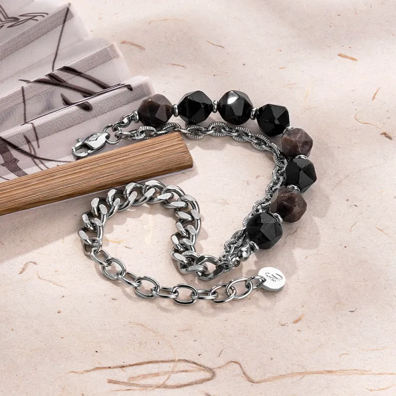 ENFANTIN Stainless Steel Silver Sheen Obsidian Bracelets Unisex-3