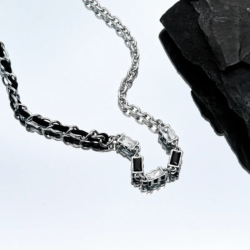 ENFANTIN Titanium Steel Glass Zircon Leather Necklaces Unisex Silver-3
