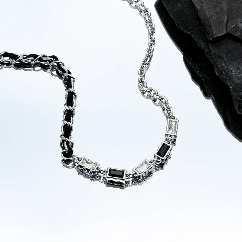 ENFANTIN Titanium Steel Glass Zircon Leather Necklaces Unisex Silver-1