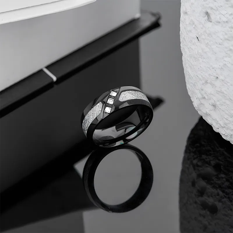 ENFANTIN Zircon Titanium Steel Rings Unisex Silver/Black-7