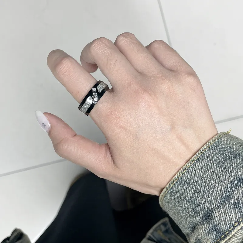 ENFANTIN Zircon Titanium Steel Rings Unisex Silver/Black-6