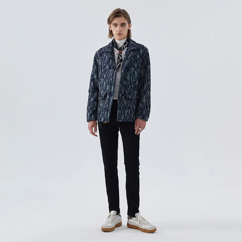 DAVID NAMAN Letter Lapel Puffer Jacket Men's Navy Blue-2