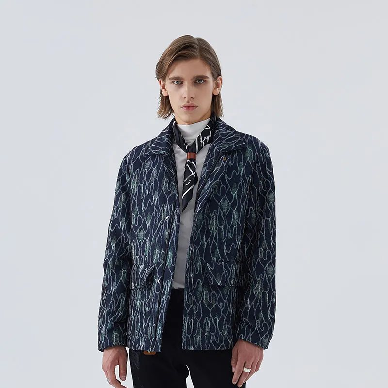 DAVID NAMAN Letter Lapel Puffer Jacket Men's Navy Blue-5