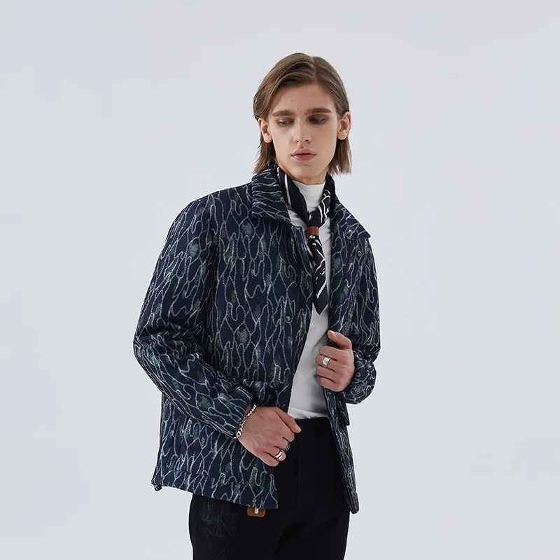 DAVID NAMAN Letter Lapel Puffer Jacket Men's Navy Blue-4