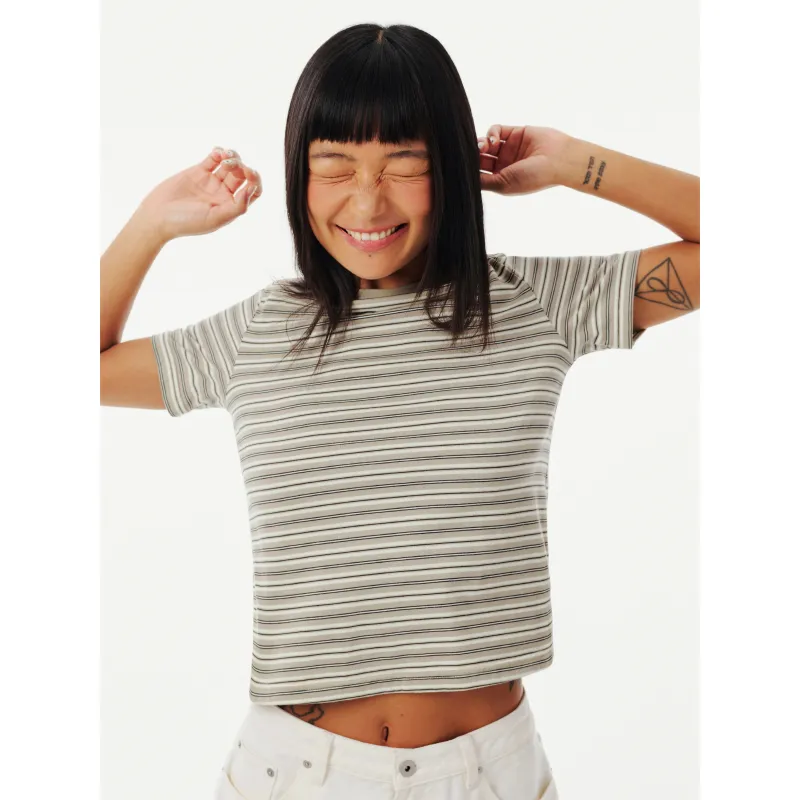 EVISTUB Tee Short Sleeved T Shirts Women's Khaki Brown Stripes-2
